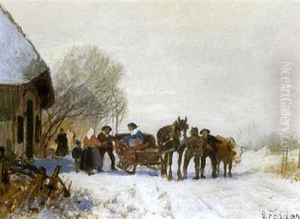 Pferdeschlitten Vor Dem Bauernhaus In Winterlandschaft Oil Painting by Otto Fedder