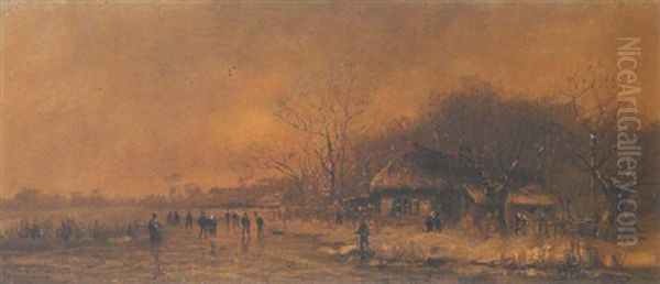 Wintervergnugen: Schlittschuhlaufer Auf Dem Zugefrorenen Teich Oil Painting by Otto Fedder