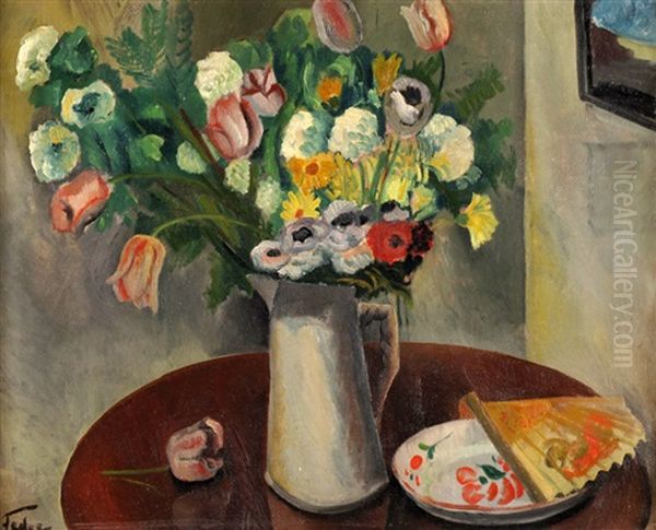 Flower Vase On The Table Oil Painting by Adolphe Aizik Feder