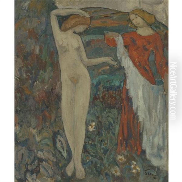 Symbolist Composition With Nude Oil Painting by Adolphe Aizik Feder