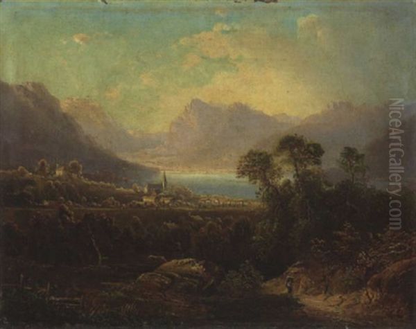 Oberbayerische Seenlandschaft Oil Painting by Ferdinand Feldhuetter