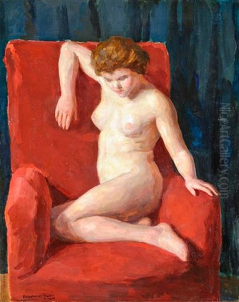 Terdeplo Akt Voros Fotelban Oil Painting by Valer Ferenczy