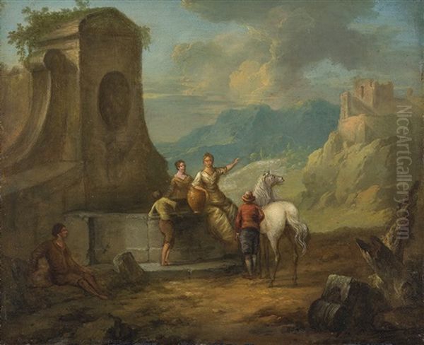 Landschaft Mit Steinbrunnen, Tier- Und Figurenstaffage Oil Painting by Franz de Paula Ferg