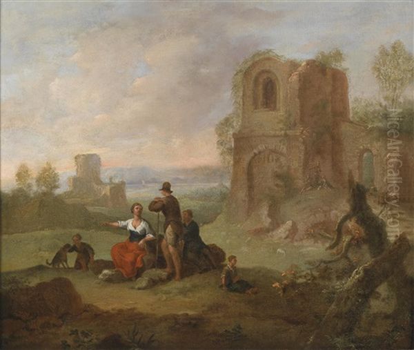 Ruinenlandschaft Mit Rastenden Wanderern Oil Painting by Franz de Paula Ferg