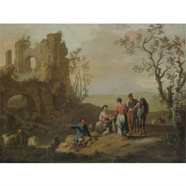 A Landscape With Figures Resting Near Classical Ruins Oil Painting by Franz de Paula Ferg