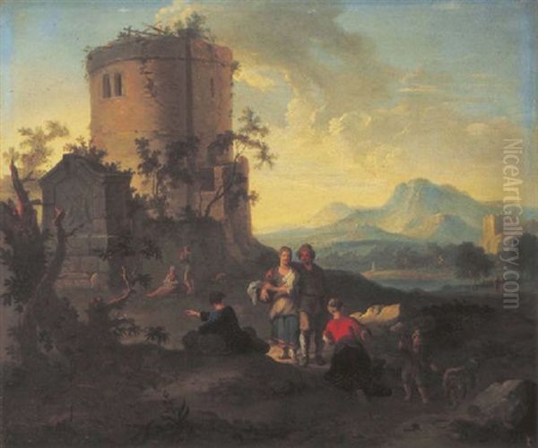 Peasants Resting In A Mountainous Landscape, A Ruined Tower Beyond Oil Painting by Franz de Paula Ferg
