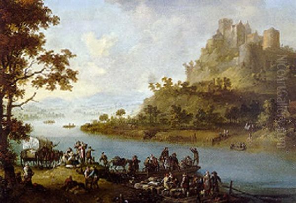 Paysage Fluvial Panoramique Anime De Nombreux Villageois Et Paysans Oil Painting by Franz de Paula Ferg