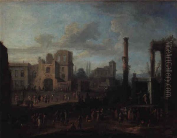 Townsfolk And An Open Air Theatre In An Italian Piazza Oil Painting by Franz de Paula Ferg
