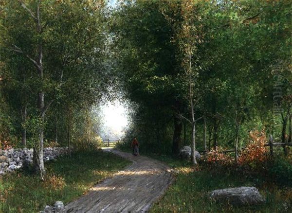 Figure In New England Wooded Landscape Oil Painting by Henry A. Ferguson