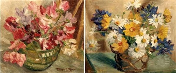 Still Life Of Daisies (+ Still Life Of Sweetpeas; 2 Works) Oil Painting by Emily Isabelle Fern