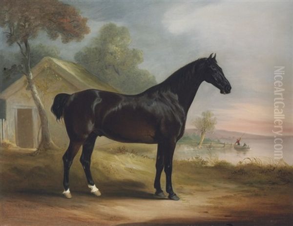 Mr Fowler's Favourite Hunter, Beside A Lake Oil Painting by John E. Ferneley