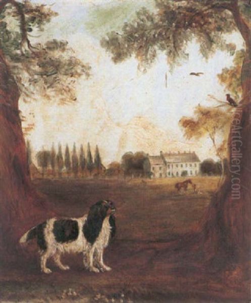 A King Charles Spaniel In A Park, A Country House Beyond Oil Painting by John E. Ferneley