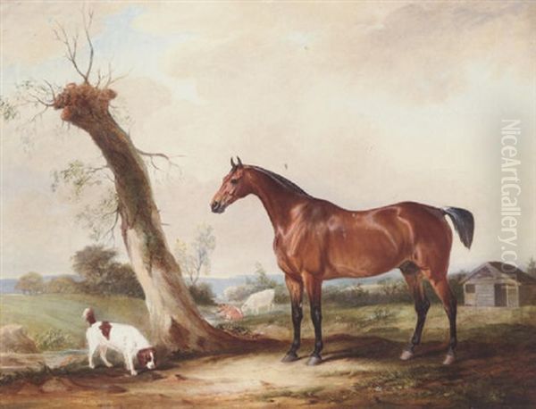 A Bay Hunter With A Spaniel In A Landscape Oil Painting by John E. Ferneley