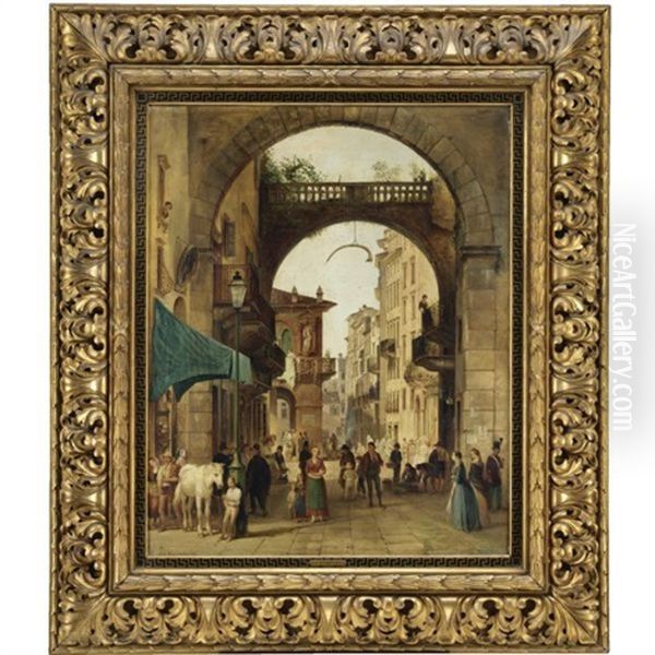 Piazza Delle Erbe A Verona Oil Painting by Carlo (Le Ferrarin) Ferrari