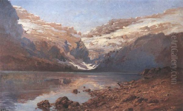 A Mountain Lake With An Elk In The Foreground Oil Painting by John Fery