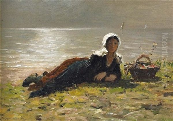 Liegende Trachtenfrau An Der Kuste Oil Painting by Francois Nicolas Augustin Feyen-Perrin
