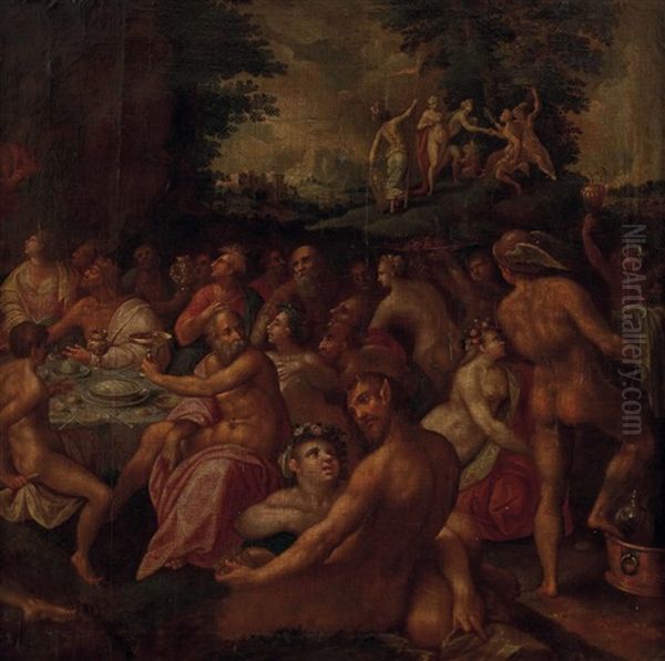 Gottermahl: Die Hochzeit Des Peleus Und Der Gottin Thetis; Eris, Die Gottin Der Zwietracht Erscheint Und Wirft Einen Apfel Zwischen Die Gaste; Oben: Das Paris-urteil Oil Painting by Paolo Fiammingo