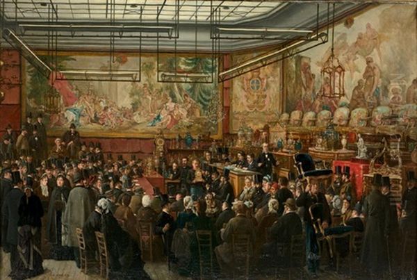 A L'hotel Drouot, 1876 Oil Painting by Benjamin Eugene Fichel