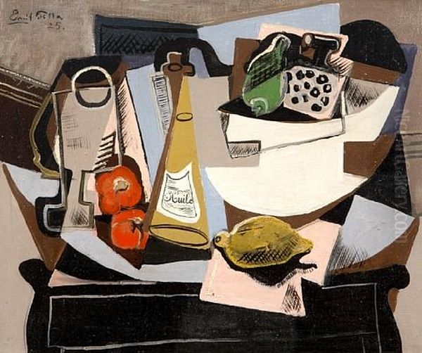Still Life With A Lemon, Bottle Of Olive Oil, Bell Peppers And A Bowl Of Vegetables Oil Painting by Emil Filla