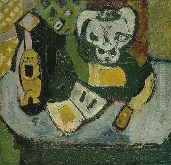 Stillleben Mit Stierschadel, Flasche Und Buch Oil Painting by Emil Filla