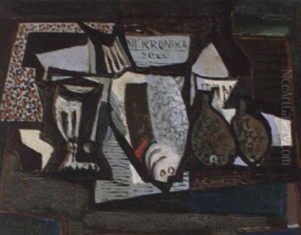 Stilleben Mit Zeitung, Glas Und Fischen Oil Painting by Emil Filla