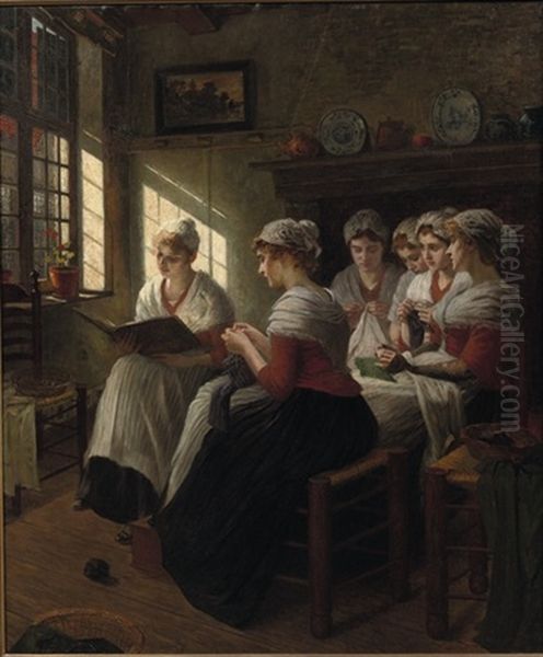 Girls Knitting In The Sunlight Oil Painting by Walter Firle
