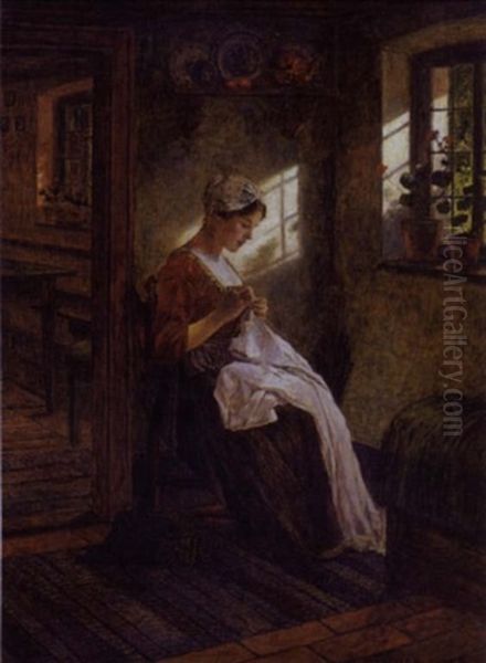 A Woman Sewing Oil Painting by Walter Firle