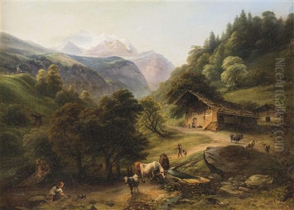 Almwirtschaft Im Hochgebirge Oil Painting by Johann Fischbach