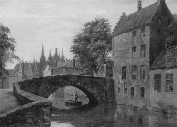 Kanalpartie In Brugge Mit Dem Gotischen Rathaus Oil Painting by August Fischer