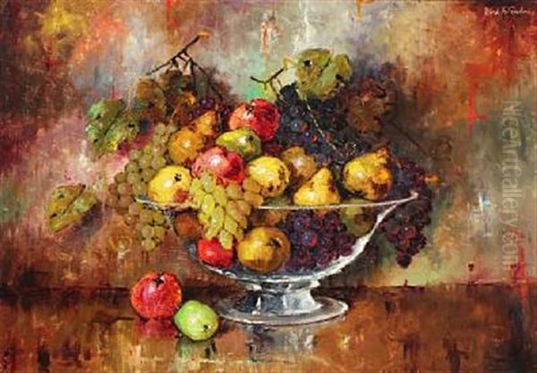 Still Life With Pears, Apples And Grapes In A Glass Bowl Oil Painting by Carl Holger Fischer