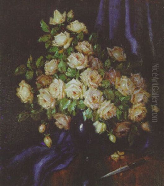 A Still Life Of Pink Roses In A Blue Vase Oil Painting by Carl Holger Fischer