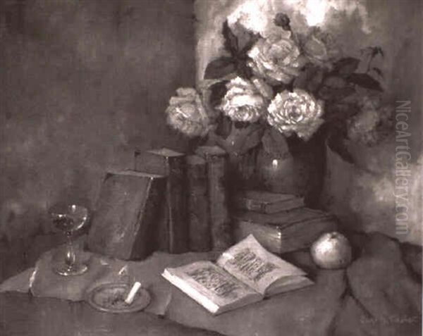 Stilleben Mit Rosenstraus, B_chern Und Apfel Oil Painting by Carl Holger Fischer