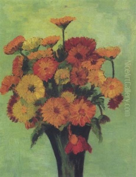 Vase Mit Gerbera Oil Painting by Johannes Fischer