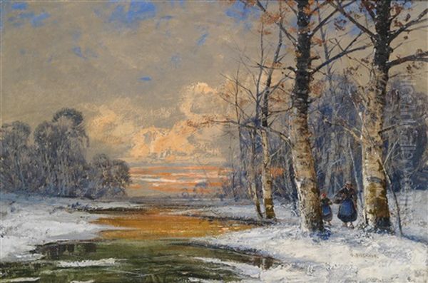 Holzsammlerin Im Abendlichen Winterwald Oil Painting by Georg Fischhof