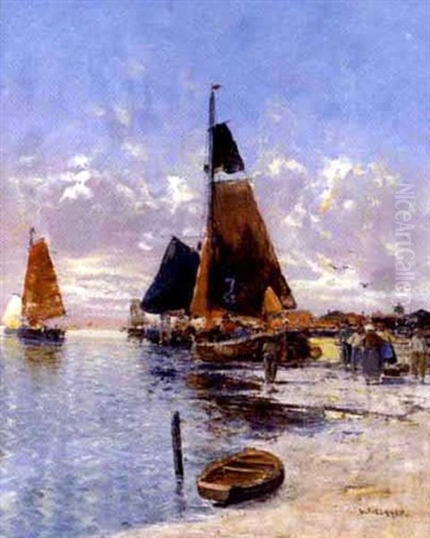 Beladen Der Segelschiffe Am Strand Oil Painting by Georg Fischhof