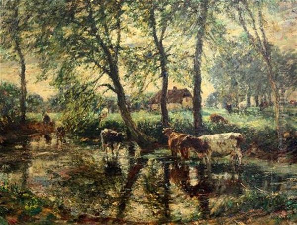 Cattle Watering, Wilmington Pond Oil Painting by Mark William Fisher