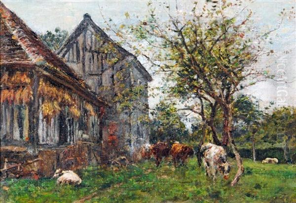 Cattle Near A Barn Oil Painting by Mark William Fisher