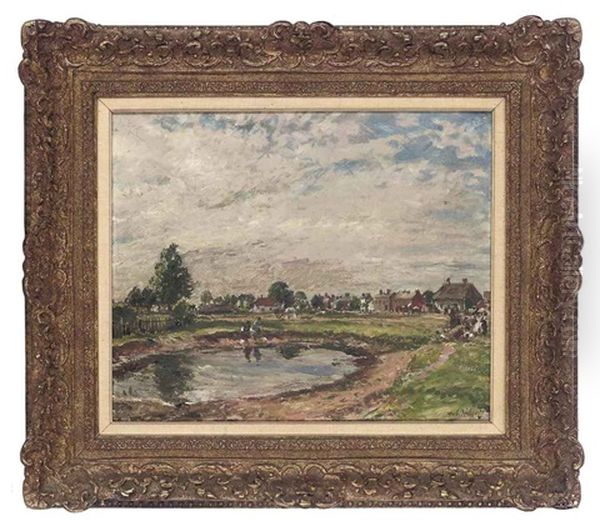Figures By A Pond And A Village Beyond Oil Painting by Mark William Fisher