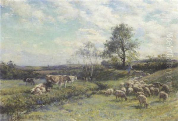 Sheep And Cattle In A Pasture Landscape Oil Painting by Mark William Fisher