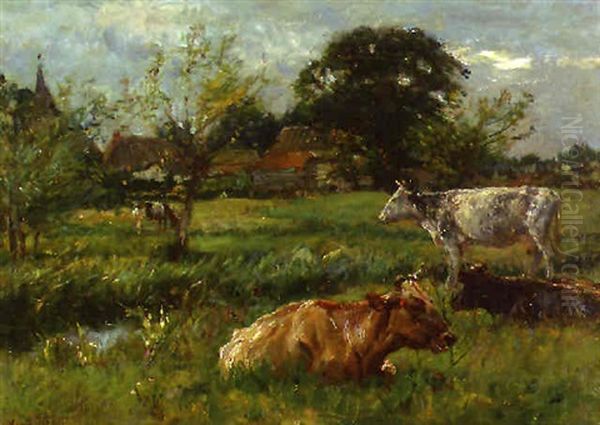 Cattle In A Watermeadow Oil Painting by Mark Fisher