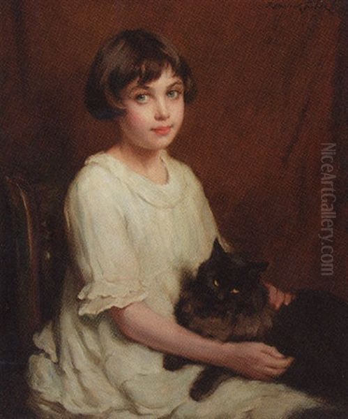Portrait Of A Young Girl In A White Dress And A Cat On Her Lap Oil Painting by P(ercy) Harland Fisher