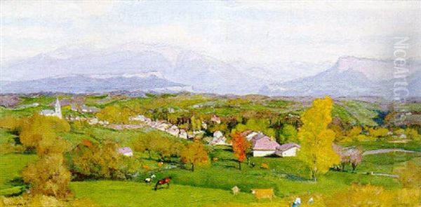 Le Troupeau Et Les Mas Dauphinois Dans La Plaine De Moirans Oil Painting by Jules Flandrin