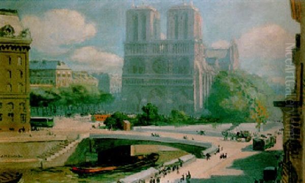 Notre-dame De Paris Et Le Petit Pont Oil Painting by Jules Leon Flandrin