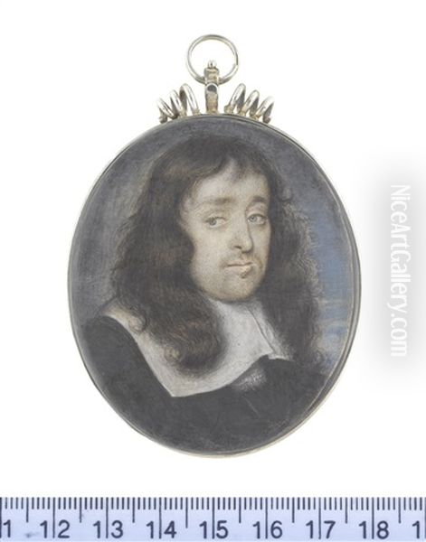 A Gentleman, Wearing Black Cloak And White Lawn Collar Drawn With Tassels, His Natural Dark Hair Falling Before His Shoulders Oil Painting by Thomas Flatman