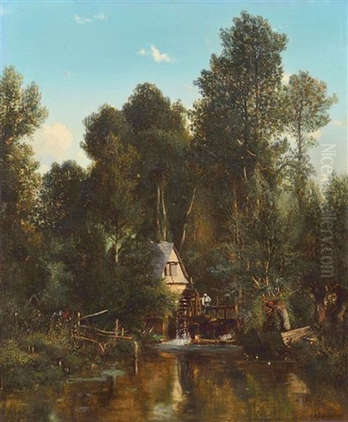 Chaumiere Et Paysanne En Bord De Rivere Oil Painting by Camille Flers