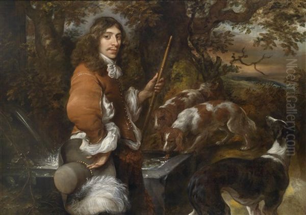 Ein Junger Jager Mit Hunden An Einem Brunnen Oil Painting by Govaert Flinck Cleve