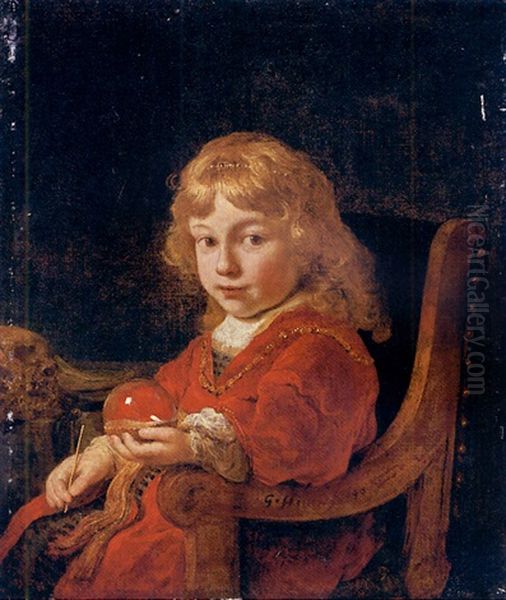 A Vanitas Portrait Of A Young Boy In A Gold-embroidered Red Velvet Gown Oil Painting by Govaert Flinck