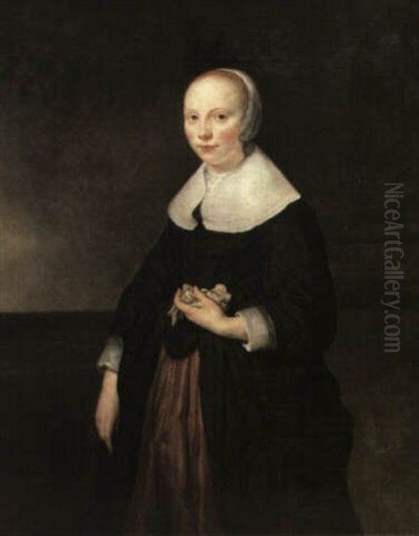 A Portrait Of A Lady Standing Three Quarter Length Holding  Her Gloves In Her Left Hand Oil Painting by Govaert Flinck Cleve