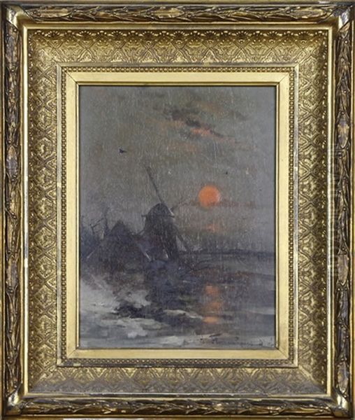 Coucher De Soleil Au Moulin Oil Painting by Heinz Flockenhaus