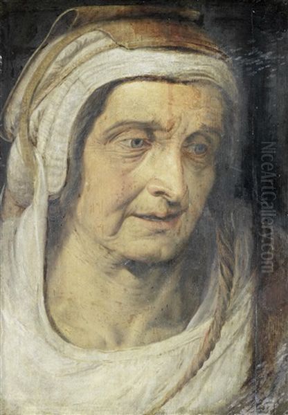Portrait Of An Elderly Lady, Bust-length, In A White And Brown Headdress Oil Painting by Frans Floris
